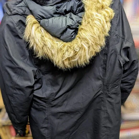 Black Marmot Montreax Parka Coat with Faux Fur Edged Hood, Lg - Picture 4 of 5